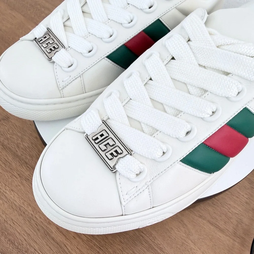 Gucci Ace White Leather Web Stripe Sneakers Green Croc Heel 791394 Mens UK 9